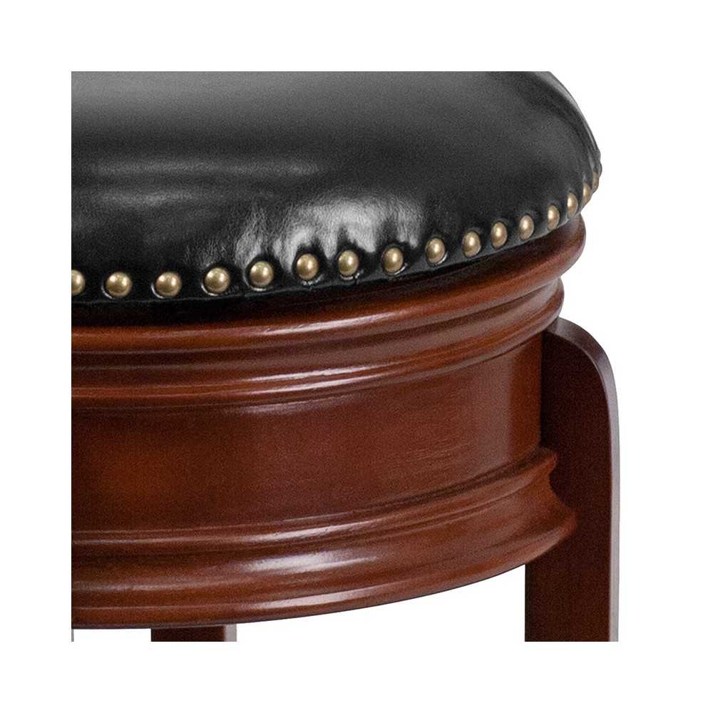 24'' High Backless Light Cherry Wood Counter Height Stool Carved Apron and Black LeatherSoft Swivel Seat