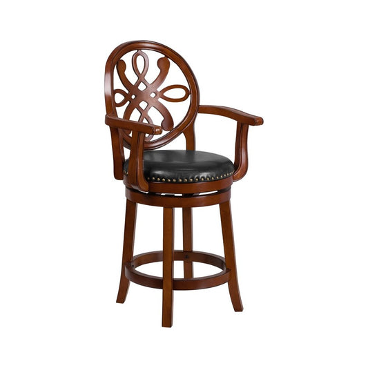 26'' High Brandy Wood Counter Height Stool with Arms, Carved Back and Black LeatherSoft Swivel Seat