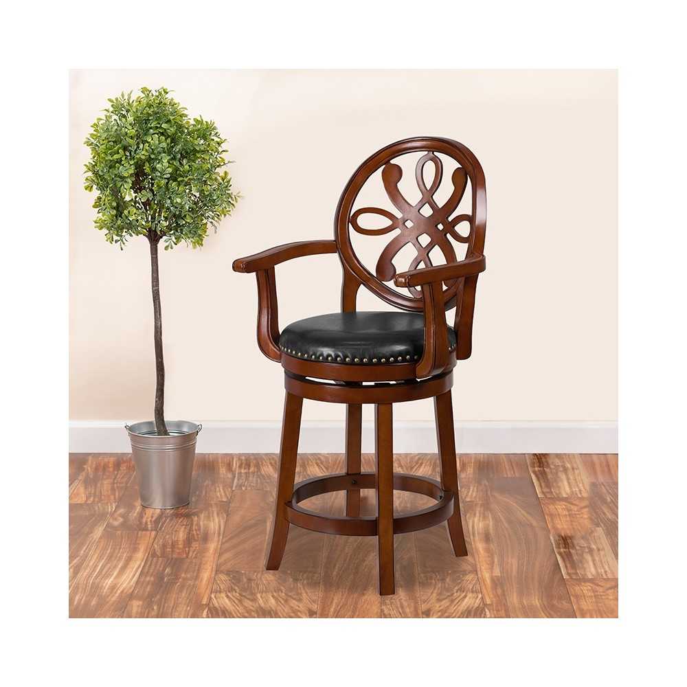 26'' High Brandy Wood Counter Height Stool with Arms, Carved Back and Black LeatherSoft Swivel Seat