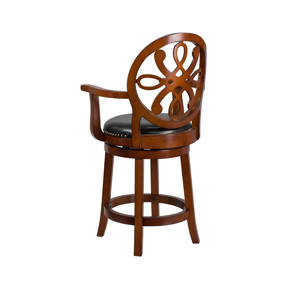 26'' High Brandy Wood Counter Height Stool with Arms, Carved Back and Black LeatherSoft Swivel Seat