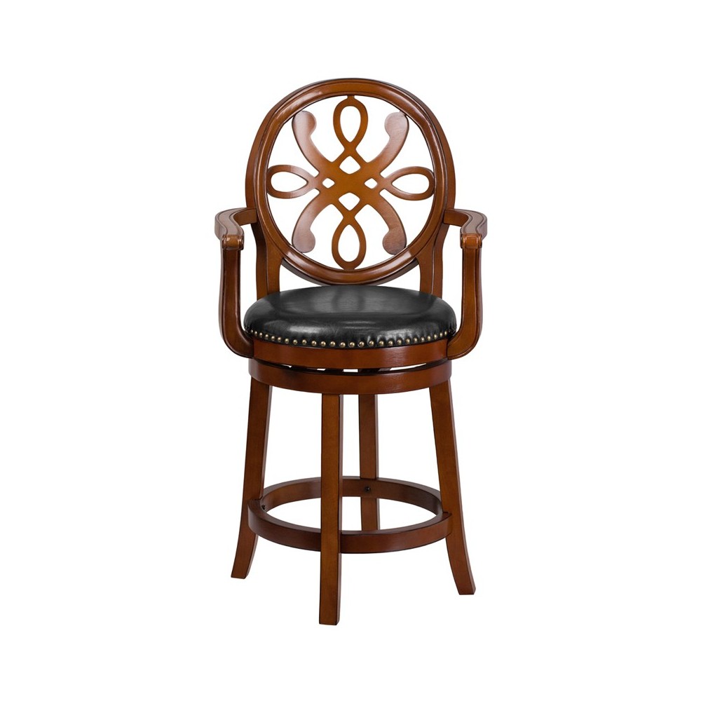 26'' High Brandy Wood Counter Height Stool with Arms, Carved Back and Black LeatherSoft Swivel Seat