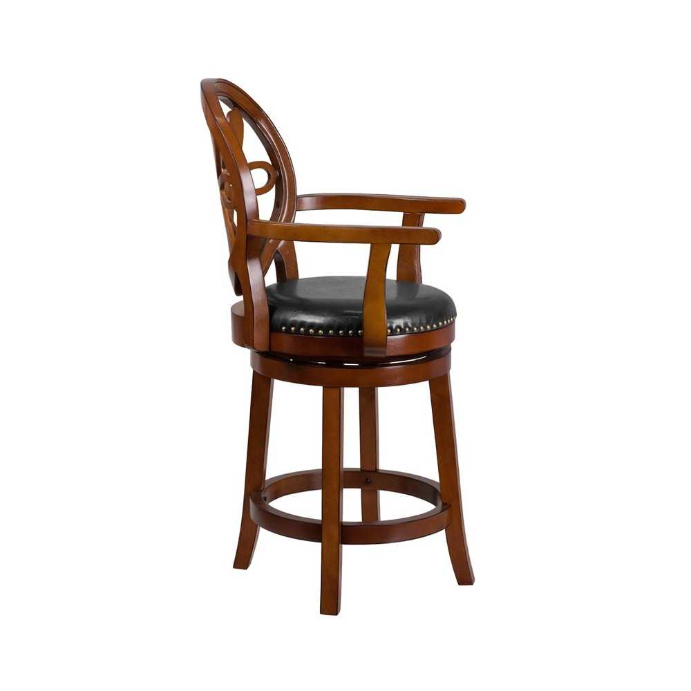 26'' High Brandy Wood Counter Height Stool with Arms, Carved Back and Black LeatherSoft Swivel Seat