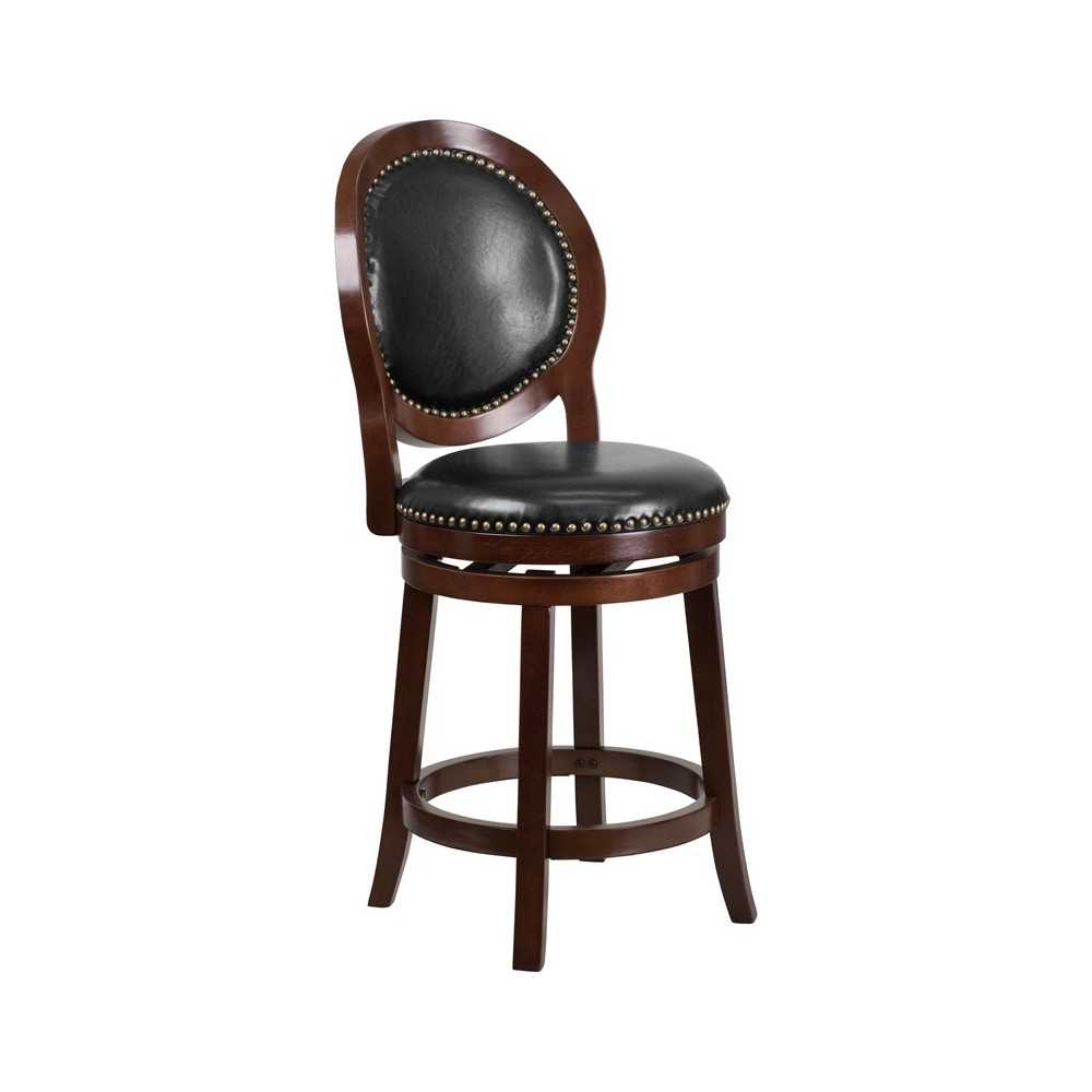 26'' High Cappuccino Counter Height Wood Stool with Oval Back and Black LeatherSoft Swivel Seat