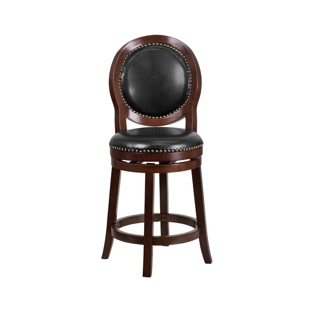 26'' High Cappuccino Counter Height Wood Stool with Oval Back and Black LeatherSoft Swivel Seat