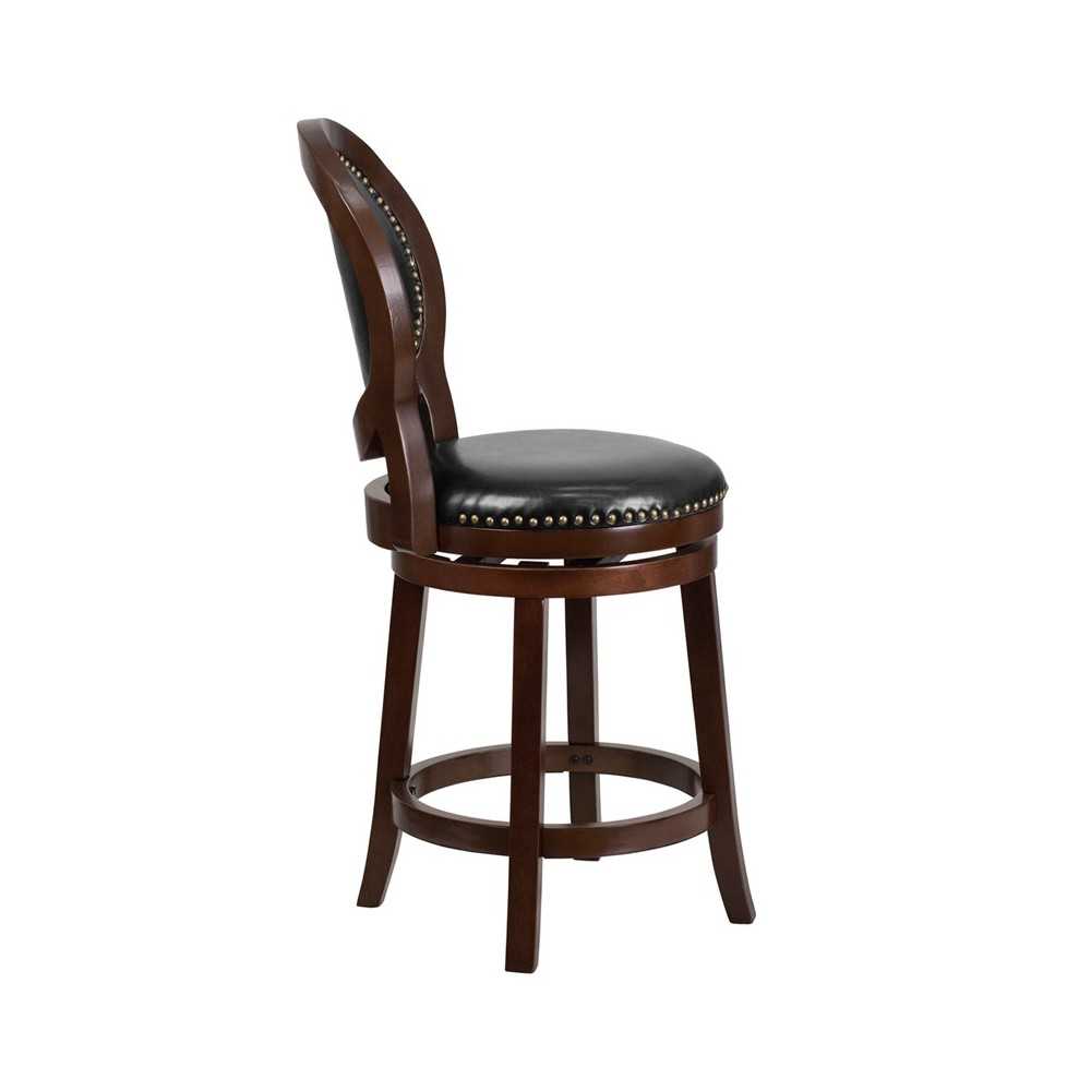 26'' High Cappuccino Counter Height Wood Stool with Oval Back and Black LeatherSoft Swivel Seat