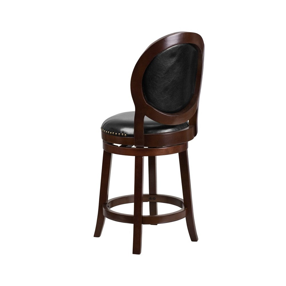 26'' High Cappuccino Counter Height Wood Stool with Oval Back and Black LeatherSoft Swivel Seat