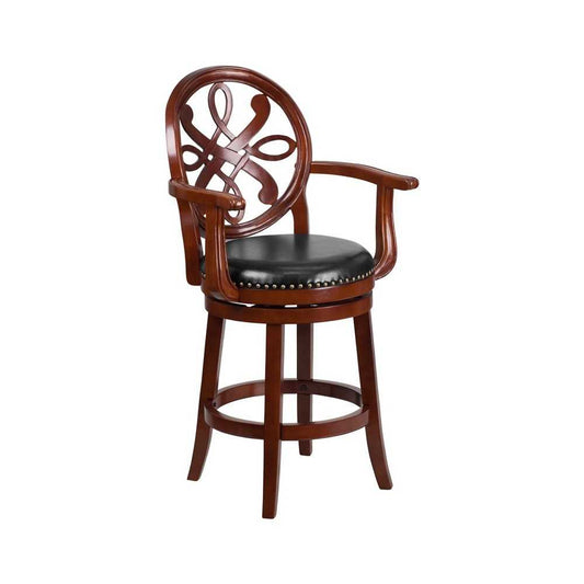 26'' High Cherry Wood Counter Height Stool with Arms, Carved Back and Black LeatherSoft Swivel Seat