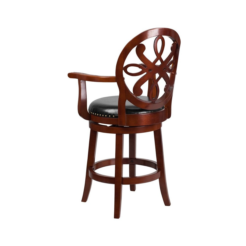 26'' High Cherry Wood Counter Height Stool with Arms, Carved Back and Black LeatherSoft Swivel Seat