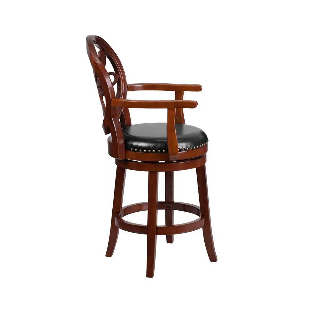 26'' High Cherry Wood Counter Height Stool with Arms, Carved Back and Black LeatherSoft Swivel Seat