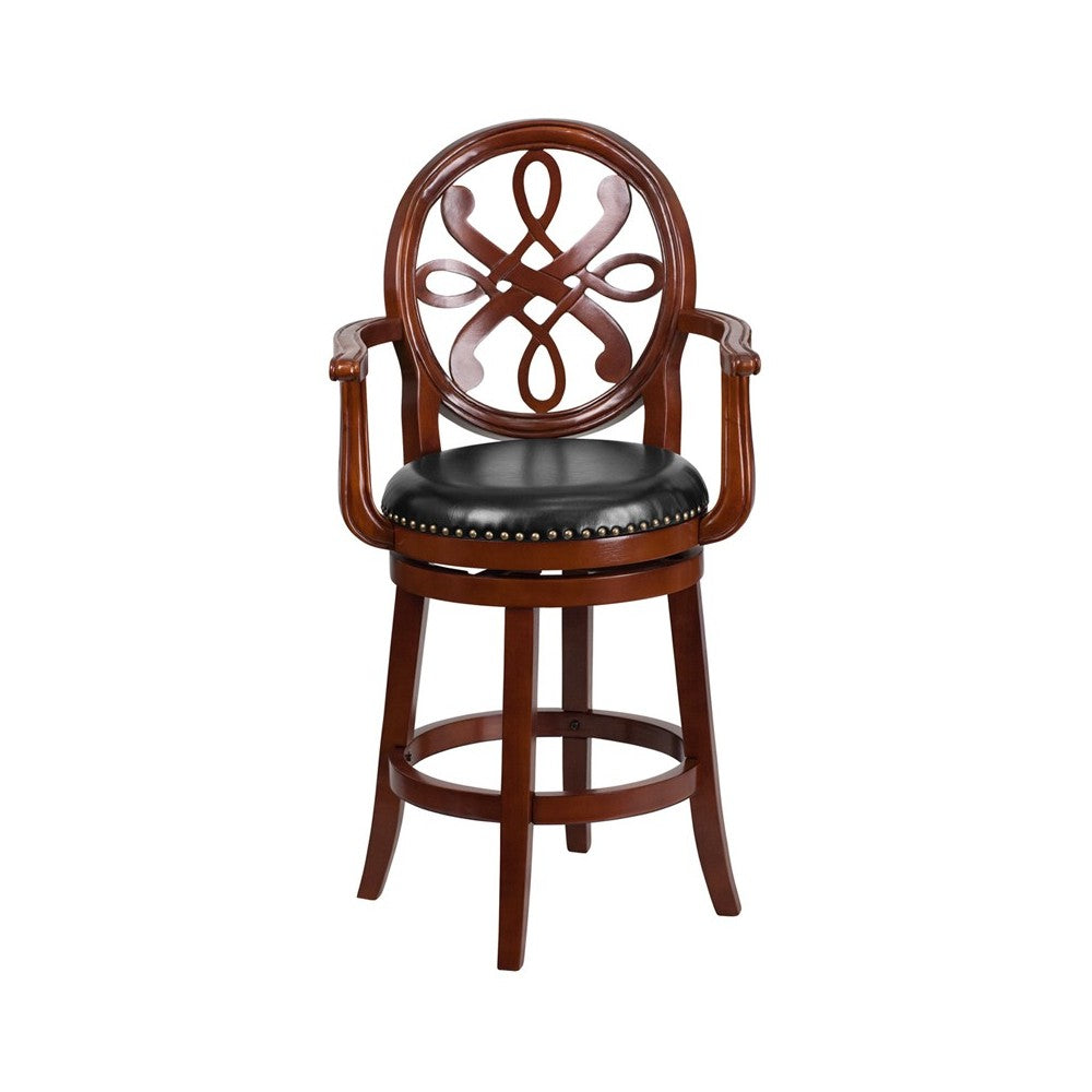 26'' High Cherry Wood Counter Height Stool with Arms, Carved Back and Black LeatherSoft Swivel Seat