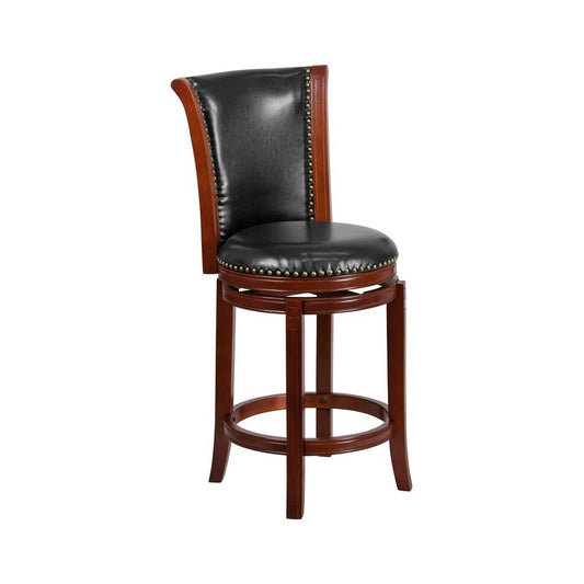 26'' High Dark Chestnut Wood Counter Height Stool with Panel Back and Black LeatherSoft Swivel Seat