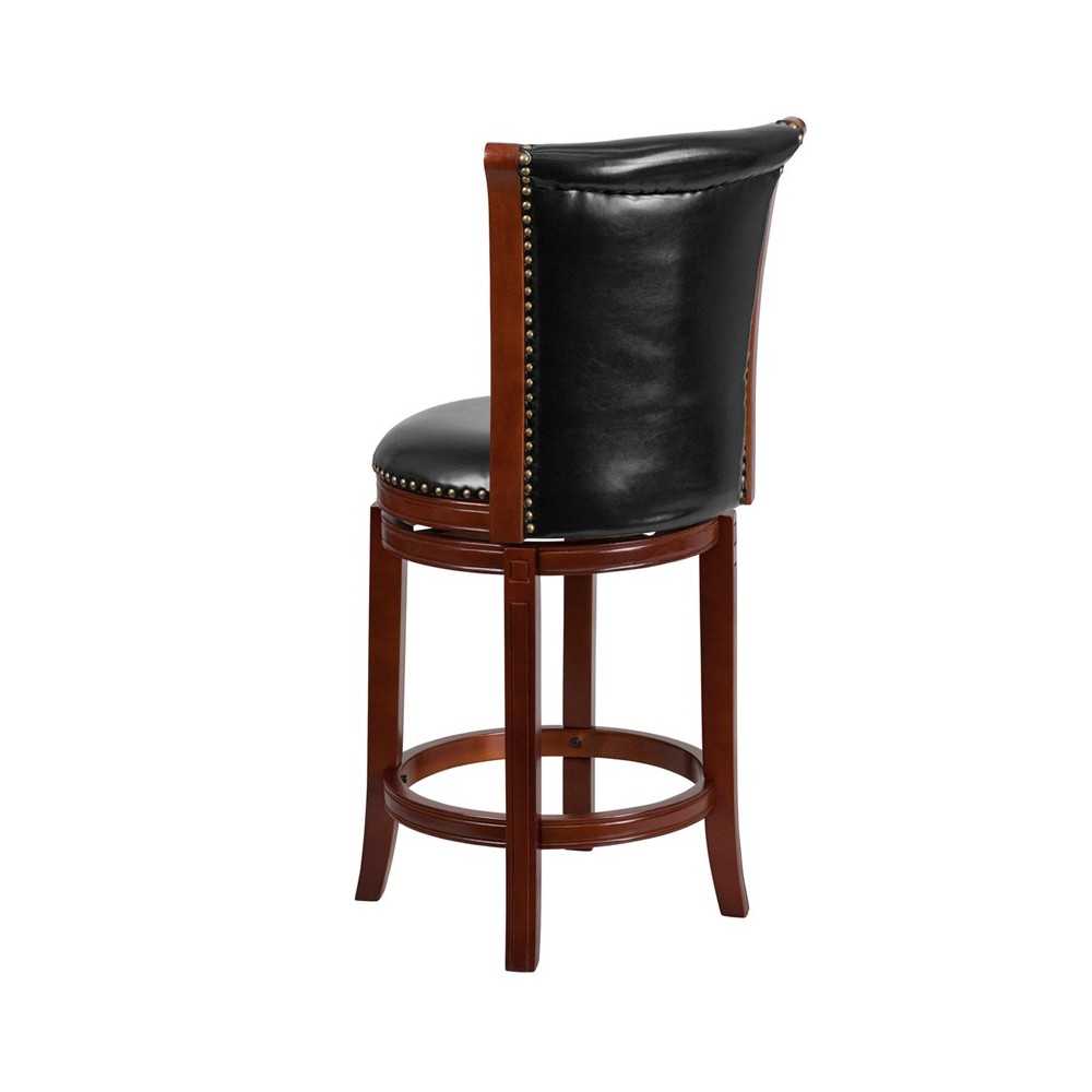 26'' High Dark Chestnut Wood Counter Height Stool with Panel Back and Black LeatherSoft Swivel Seat