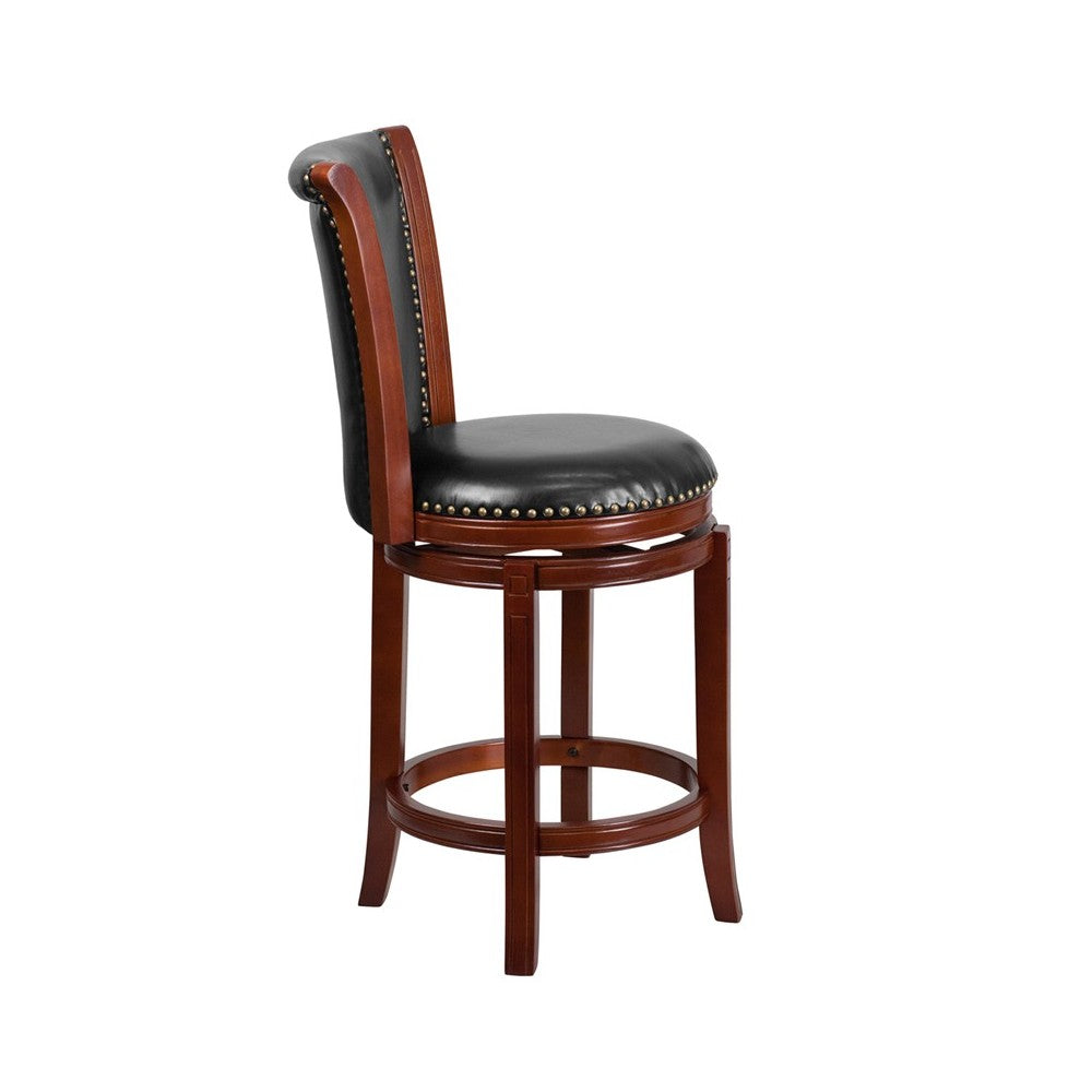 26'' High Dark Chestnut Wood Counter Height Stool with Panel Back and Black LeatherSoft Swivel Seat