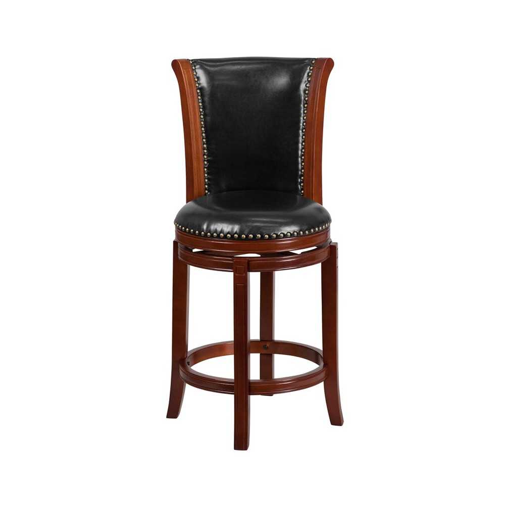 26'' High Dark Chestnut Wood Counter Height Stool with Panel Back and Black LeatherSoft Swivel Seat