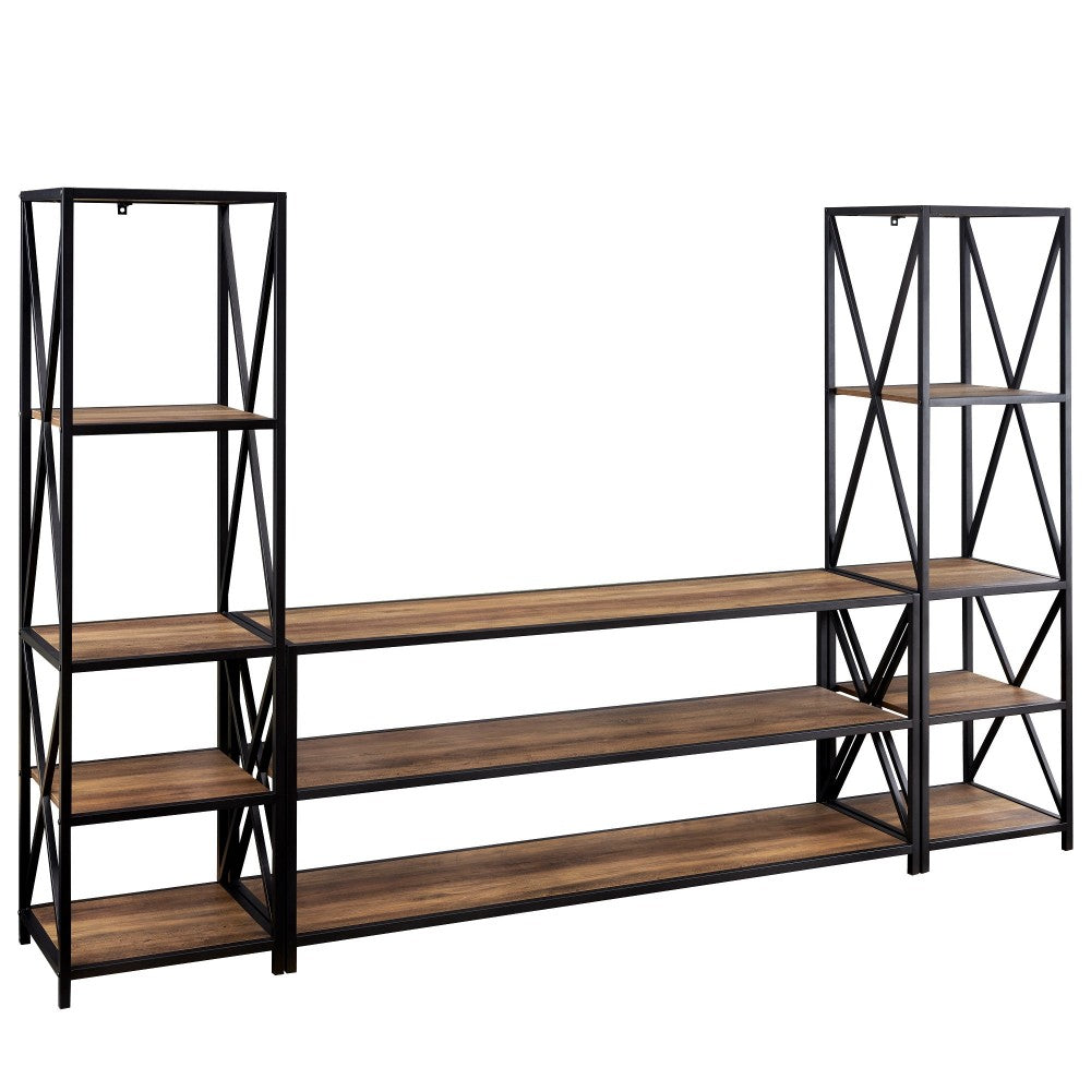 3-Piece Industrial Bookcase Set - Rustic Oak