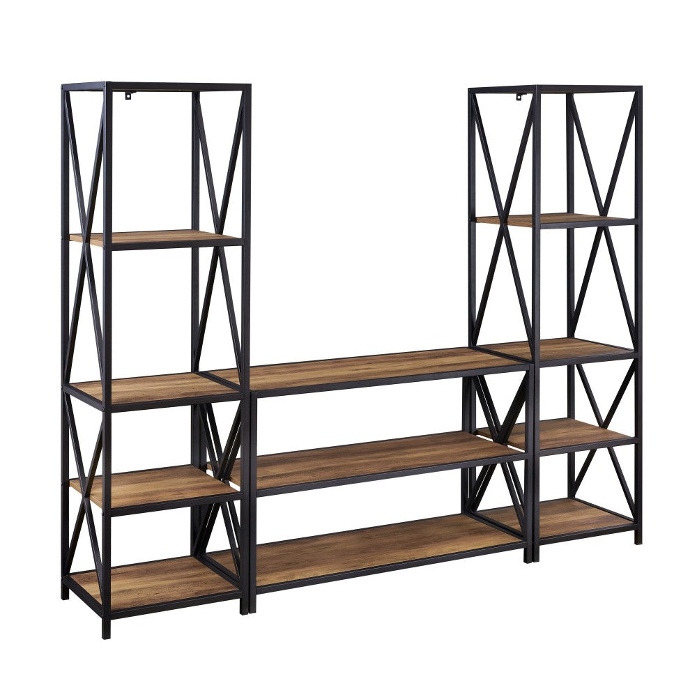 3-Piece Rustic Industrial Bookcase Set - Rustic Oak