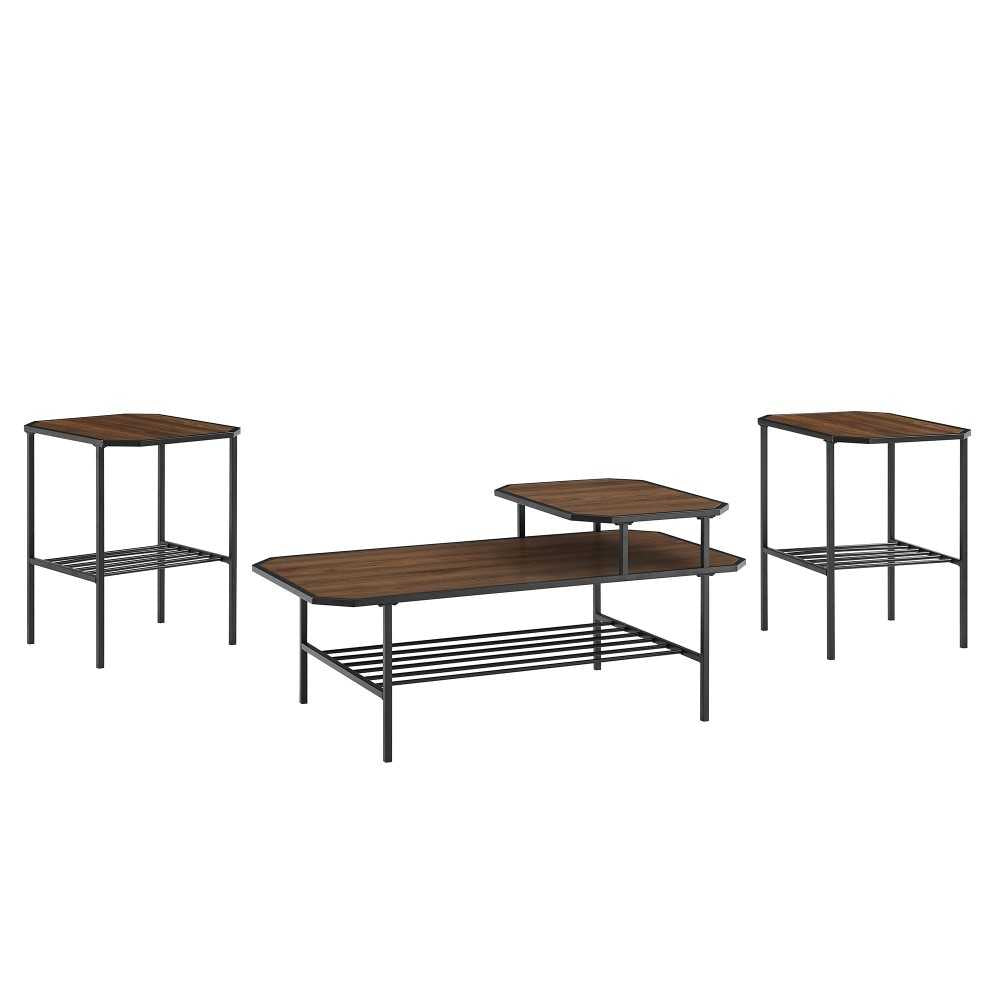 3 Piece Tiered Mixed Material Accent Table Set - Dark Walnut