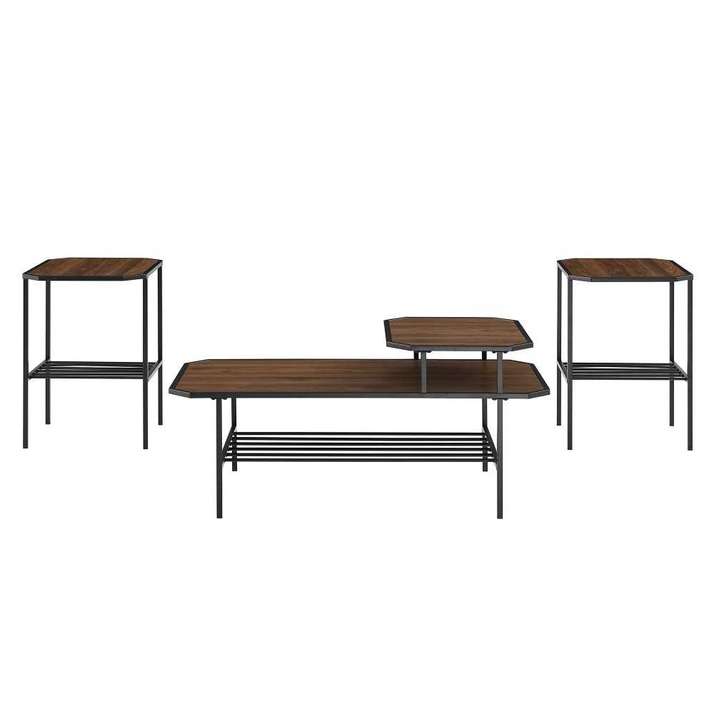 3 Piece Tiered Mixed Material Accent Table Set - Dark Walnut