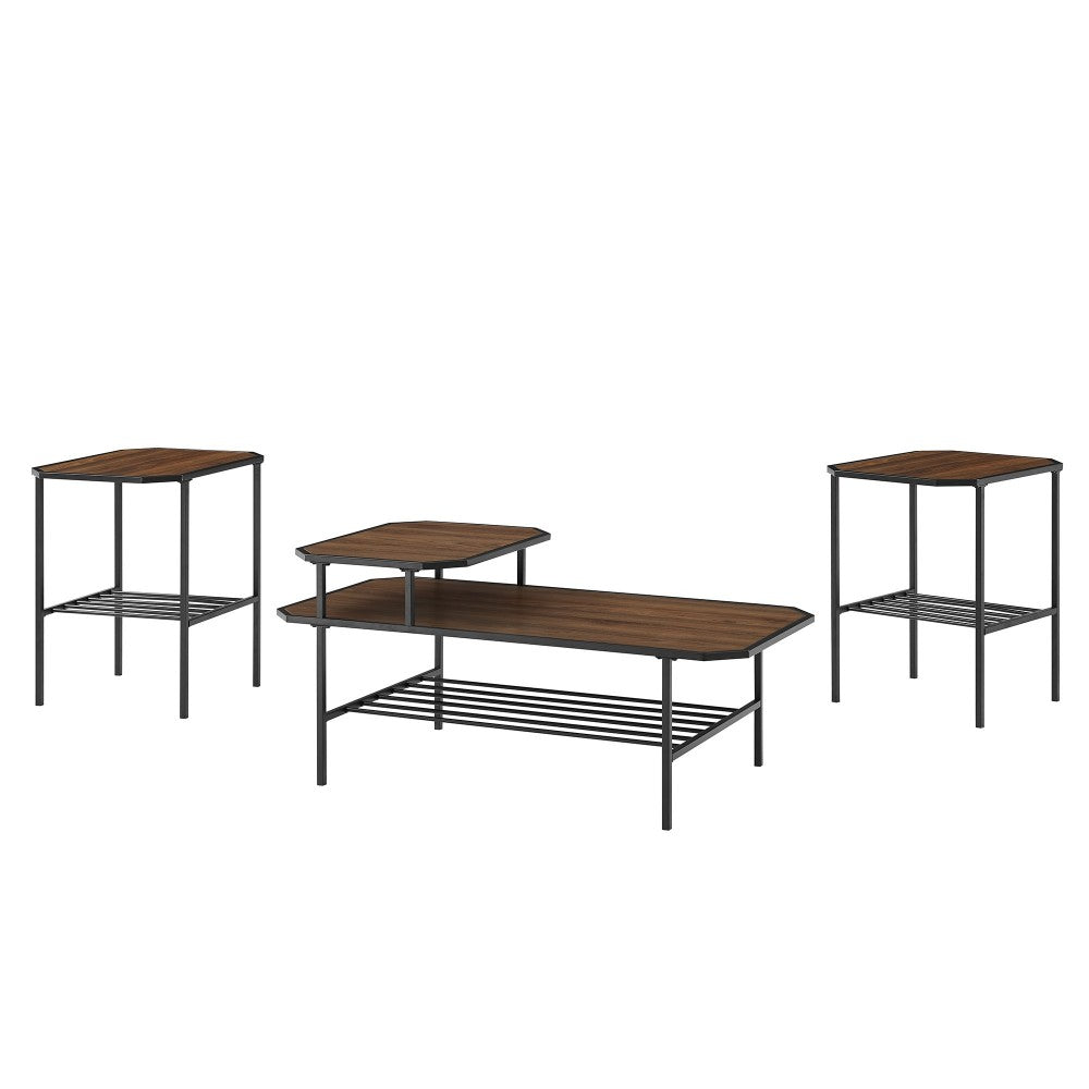 3 Piece Tiered Mixed Material Accent Table Set - Dark Walnut
