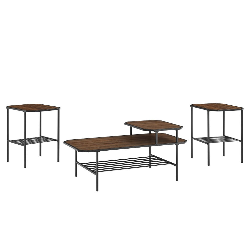 3 Piece Tiered Mixed Material Accent Table Set - Dark Walnut