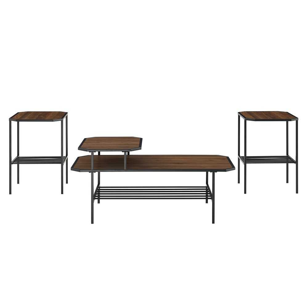 3 Piece Tiered Mixed Material Accent Table Set - Dark Walnut