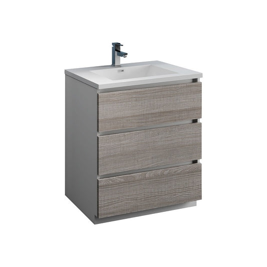 30 Glossy Ash Gray Free Standing Modern Bathroom Cabinet w/ Integrated Sink