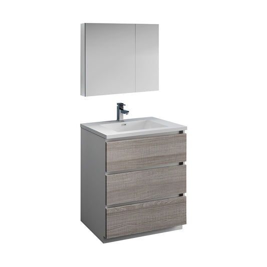 30 Glossy Ash Gray Free Standing Modern Bathroom Vanity w/ Medicine Cabinet