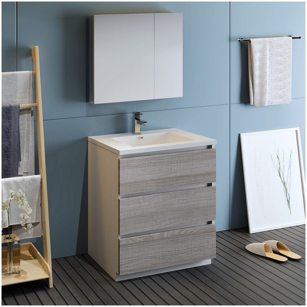 30 Glossy Ash Gray Free Standing Modern Bathroom Vanity w/ Medicine Cabinet