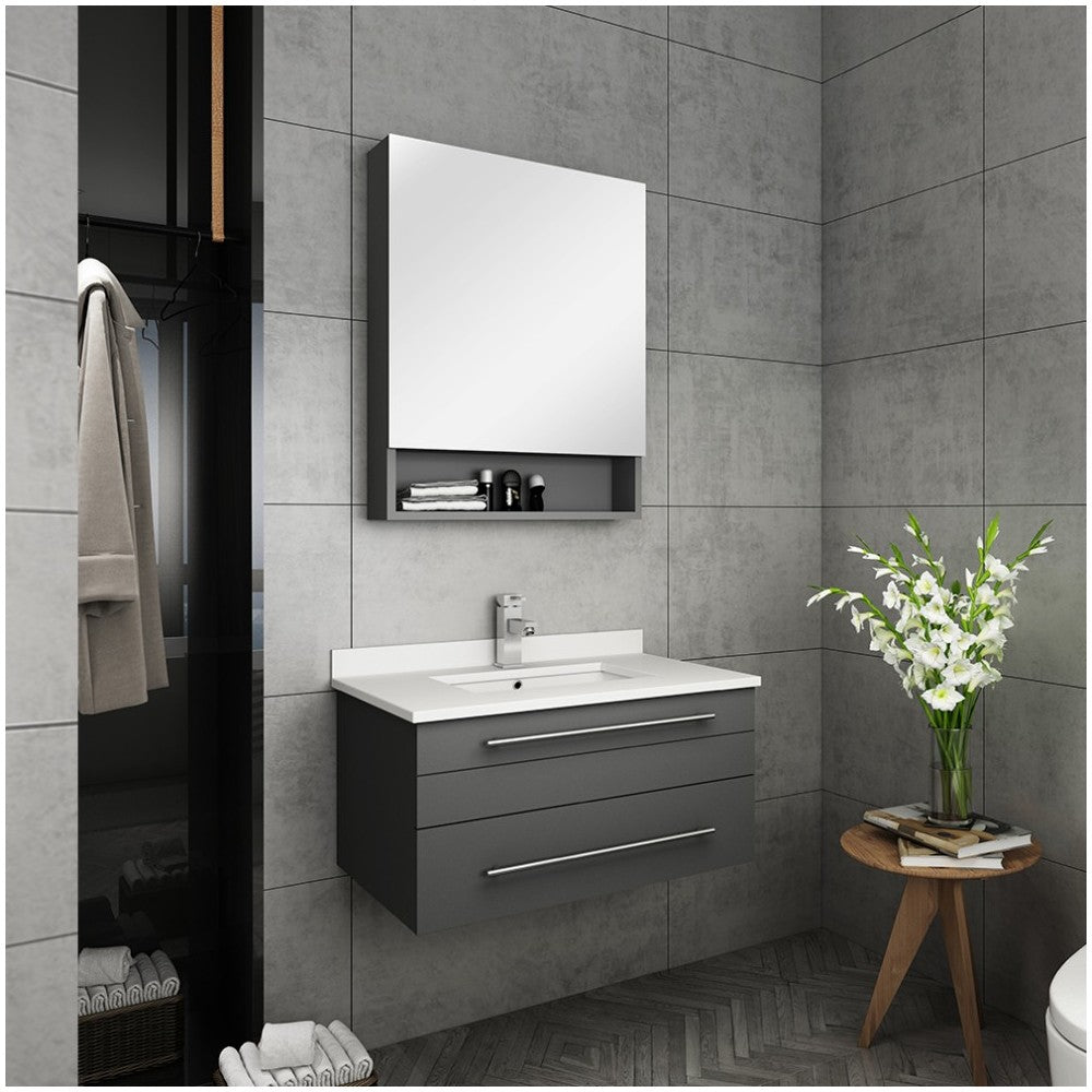 30 Gray Wall Hung Undermount Sink Modern Bathroom Vanity w/ Medicine Cabinet