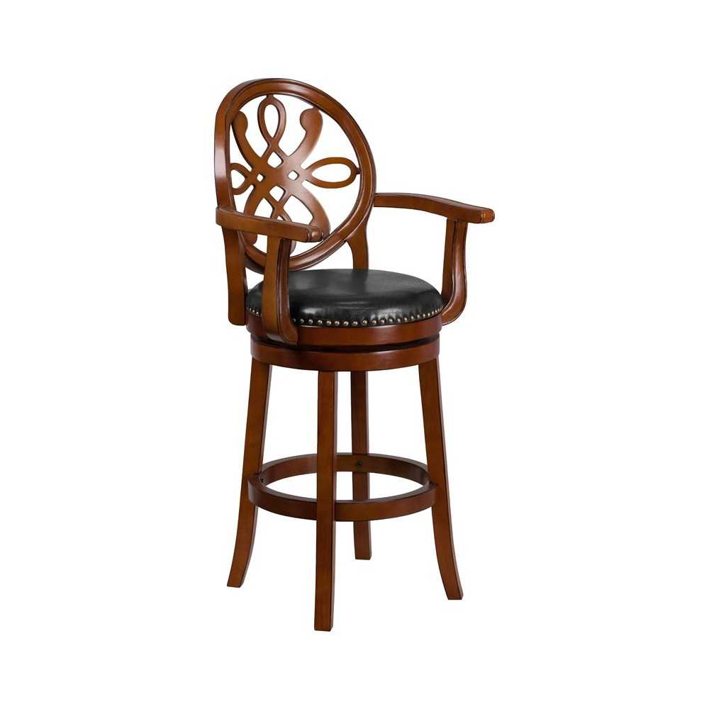 30'' High Brandy Wood Barstool with Arms, Carved Back and Black LeatherSoft Swivel Seat