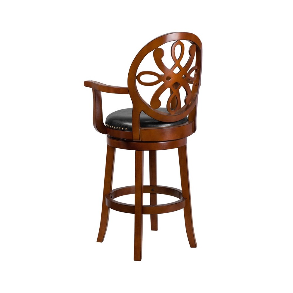 30'' High Brandy Wood Barstool with Arms, Carved Back and Black LeatherSoft Swivel Seat