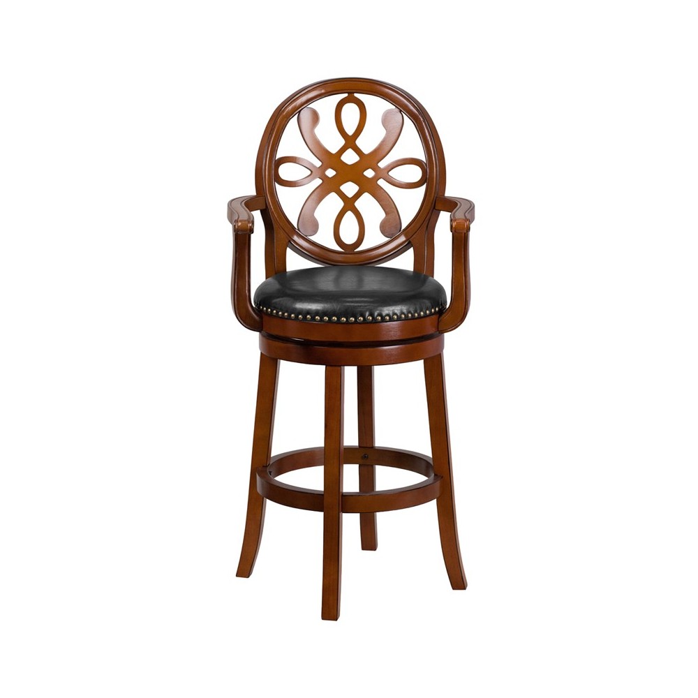 30'' High Brandy Wood Barstool with Arms, Carved Back and Black LeatherSoft Swivel Seat