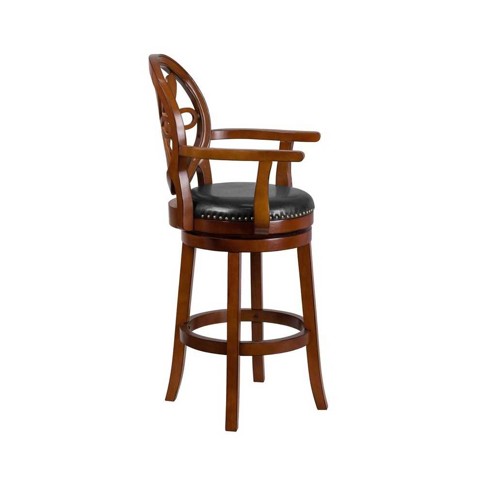 30'' High Brandy Wood Barstool with Arms, Carved Back and Black LeatherSoft Swivel Seat