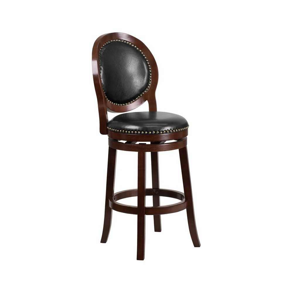 30'' High Cappuccino Wood Barstool with Oval Back and Black LeatherSoft Swivel Seat