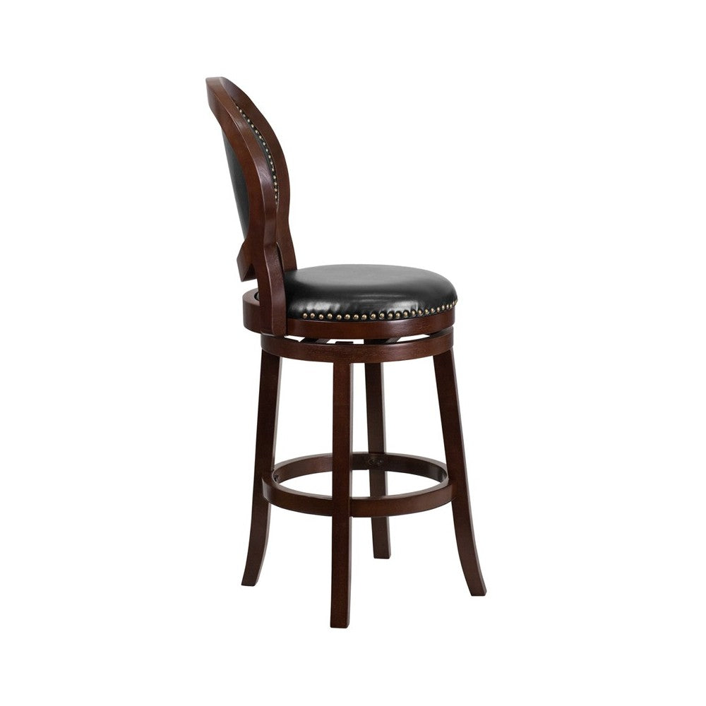 30'' High Cappuccino Wood Barstool with Oval Back and Black LeatherSoft Swivel Seat