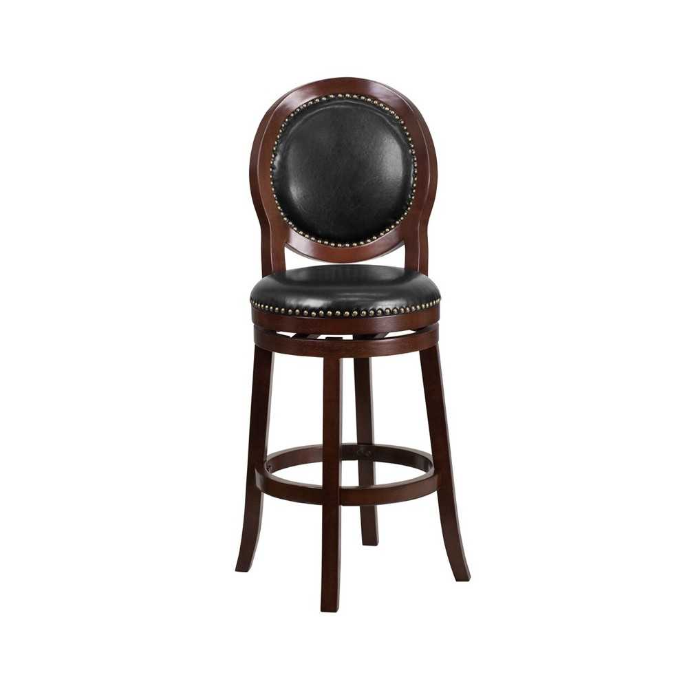 30'' High Cappuccino Wood Barstool with Oval Back and Black LeatherSoft Swivel Seat