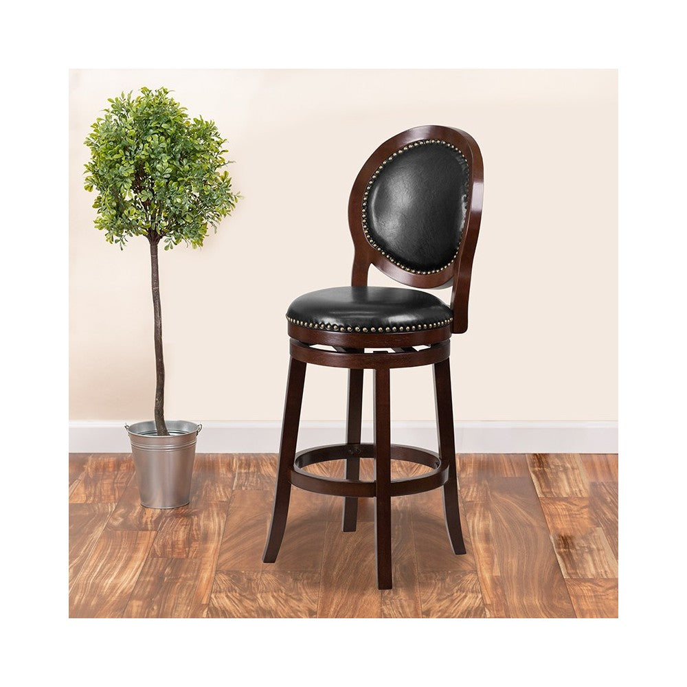 30'' High Cappuccino Wood Barstool with Oval Back and Black LeatherSoft Swivel Seat