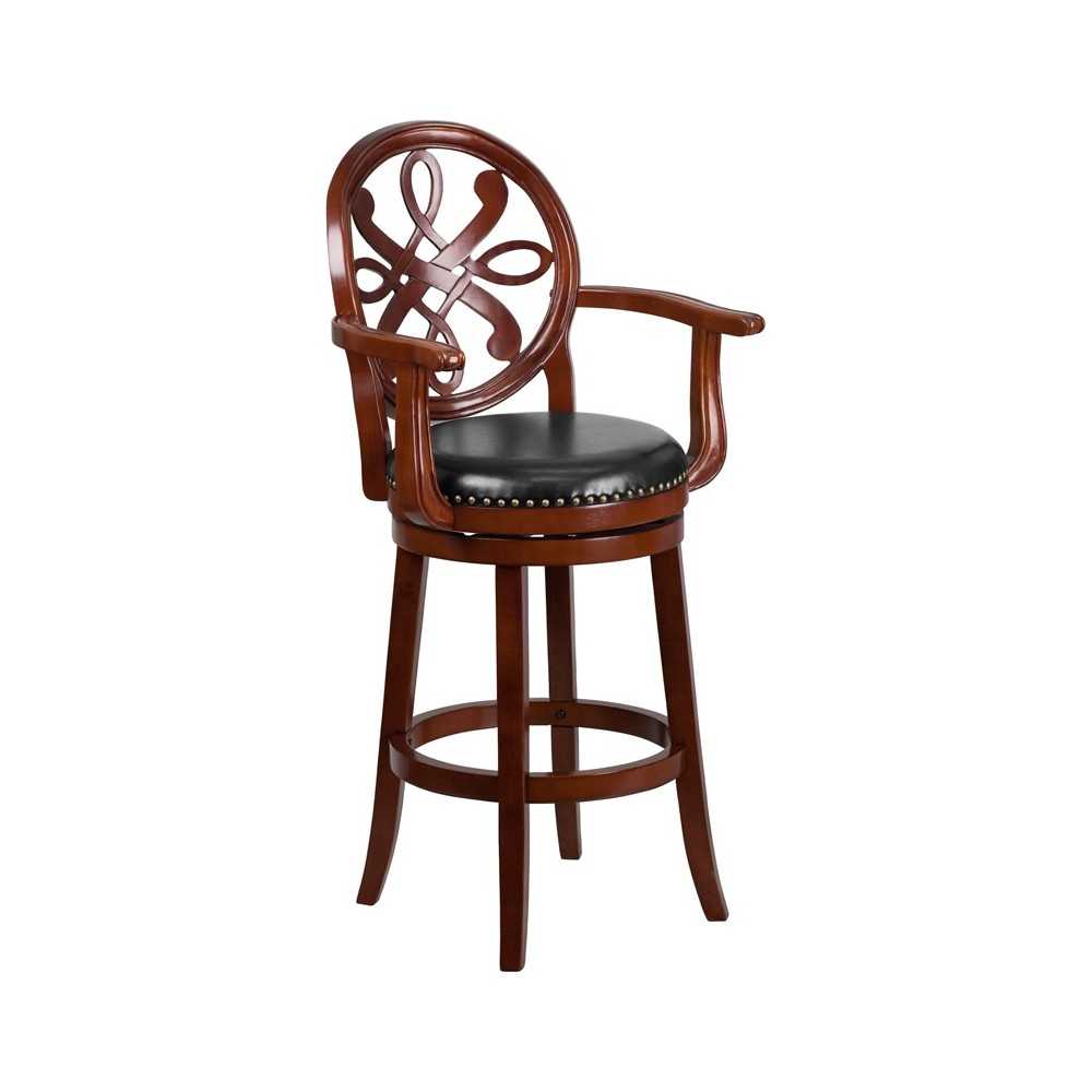 30'' High Cherry Wood Barstool with Arms, Carved Back and Black LeatherSoft Swivel Seat