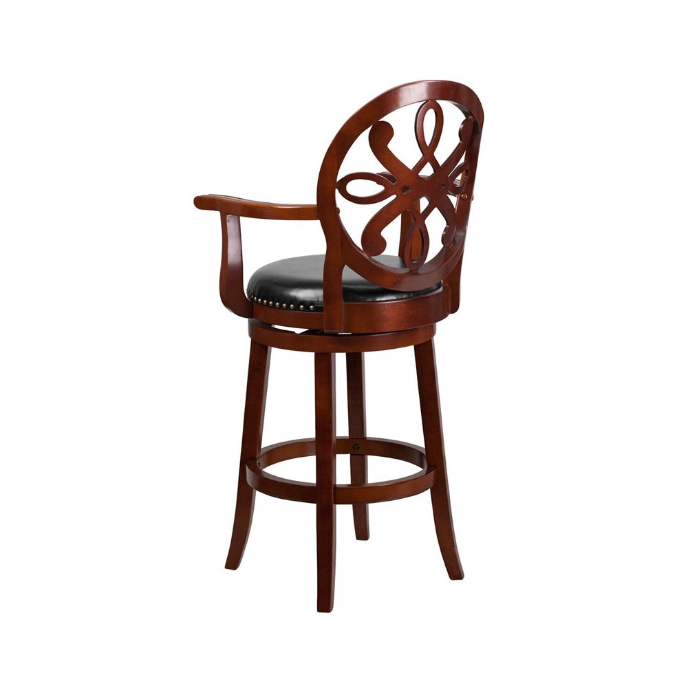 30'' High Cherry Wood Barstool with Arms, Carved Back and Black LeatherSoft Swivel Seat