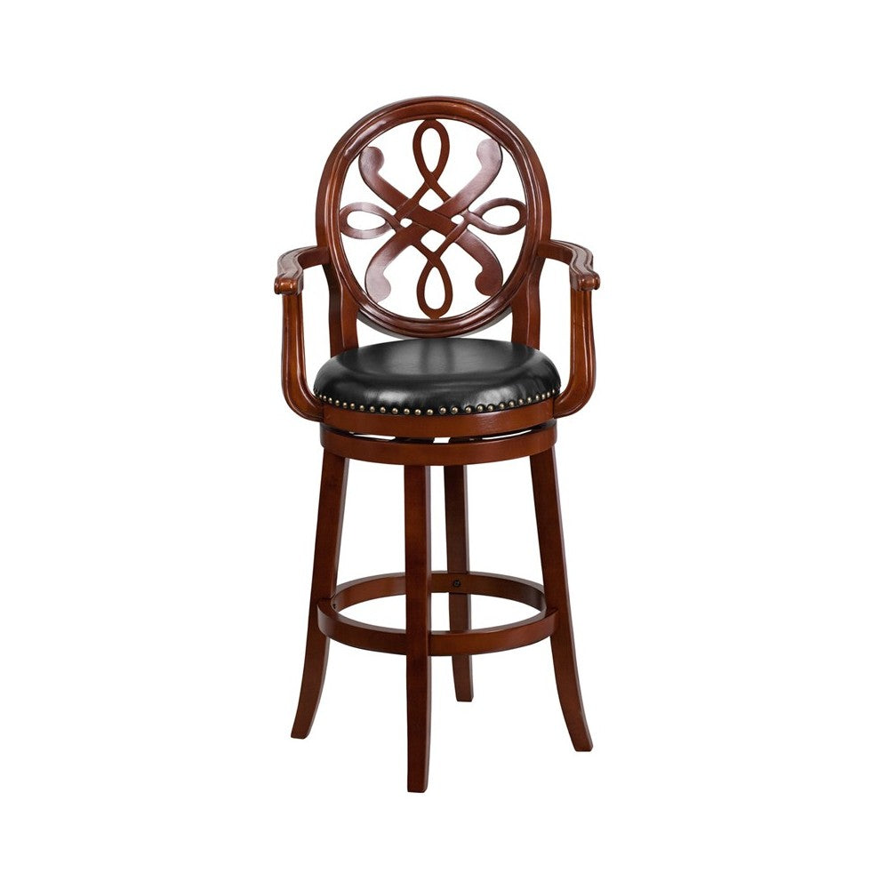 30'' High Cherry Wood Barstool with Arms, Carved Back and Black LeatherSoft Swivel Seat