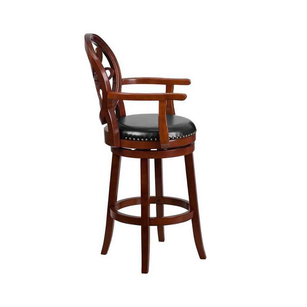 30'' High Cherry Wood Barstool with Arms, Carved Back and Black LeatherSoft Swivel Seat