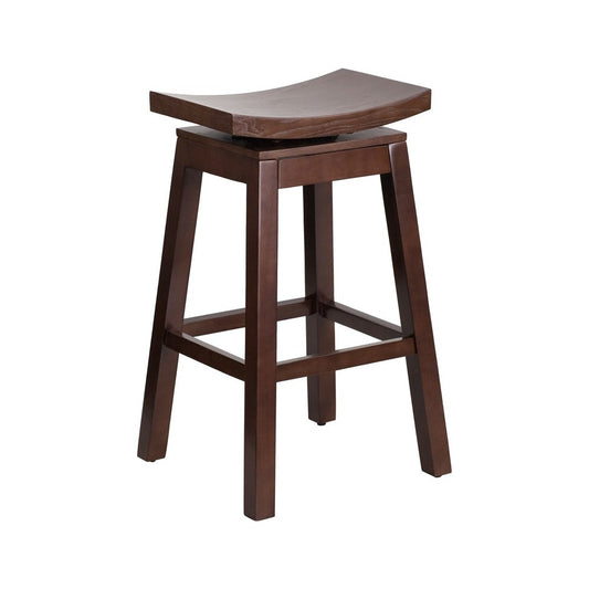 30'' High Saddle Seat Cappuccino Wood Barstool with Auto Swivel Seat Return