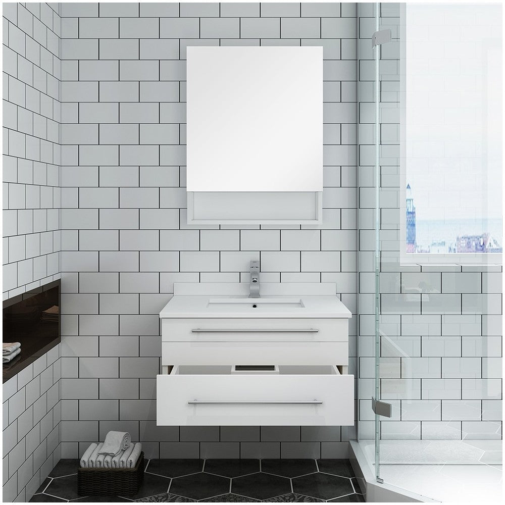 30 White Wall Hung Undermount Sink Modern Bathroom Vanity w/ Medicine Cabinet