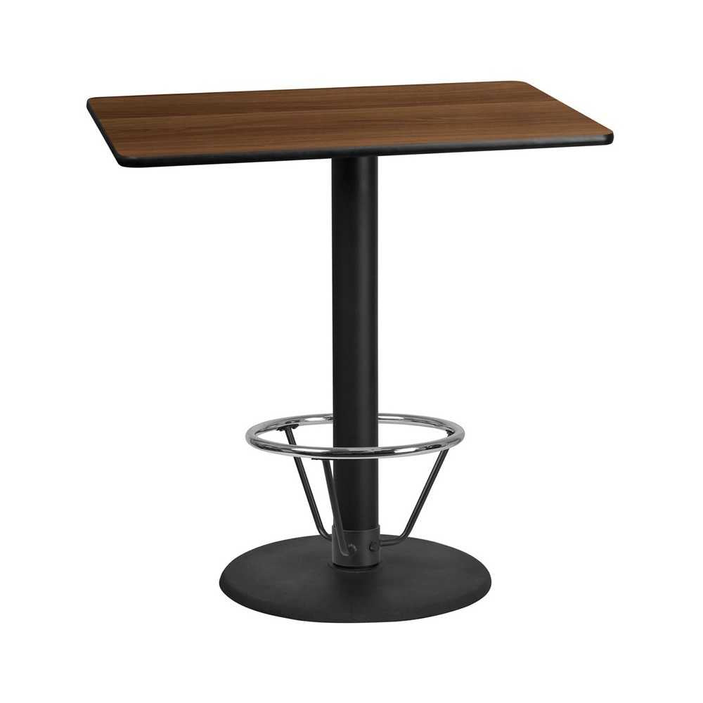 30'' x 45'' Rectangular Walnut Laminate Table Top with 24'' Round Bar Height Table Base and Foot Ring