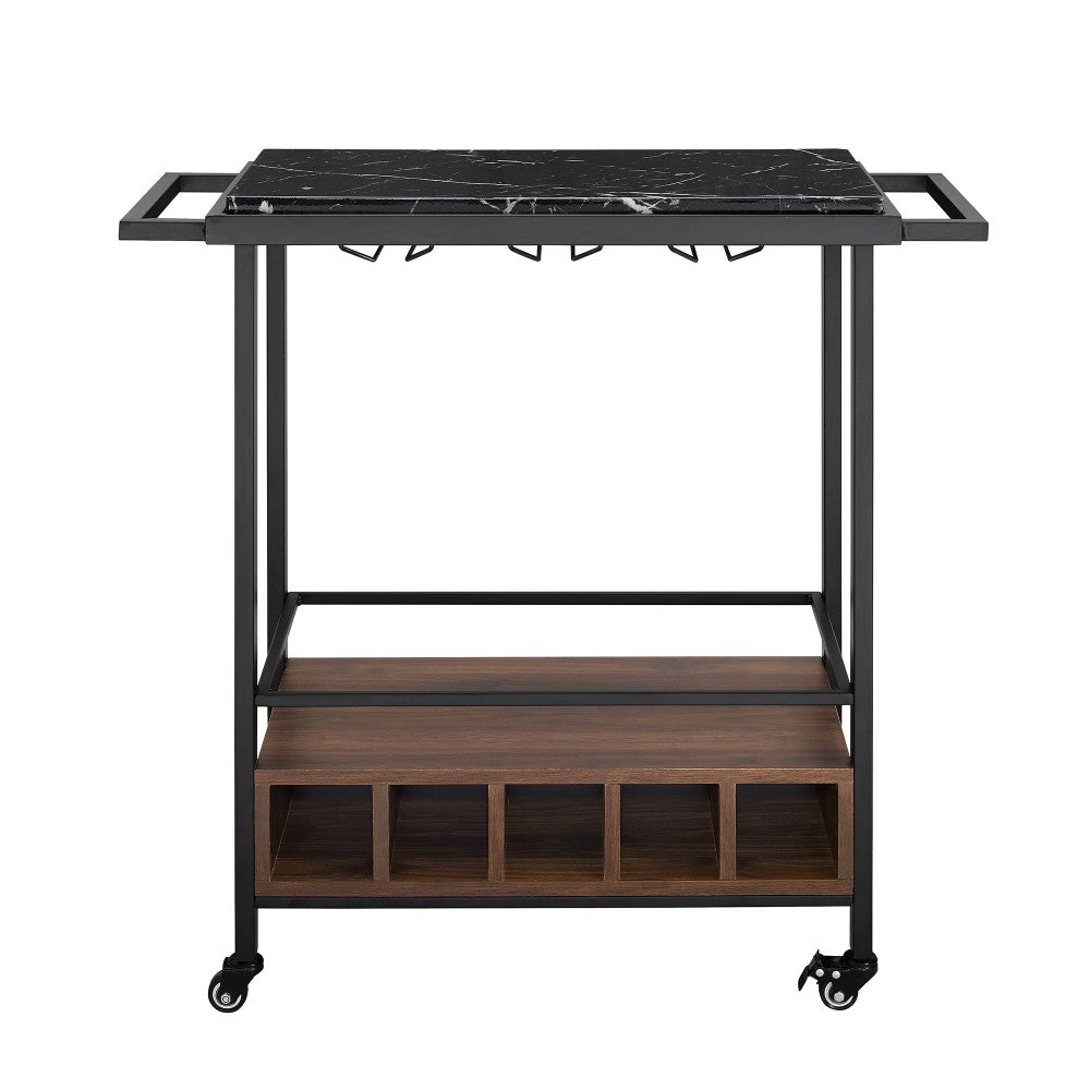 34" Modern Industrial Bar Serving Cart - Faux Black Marble/Dark Walnut