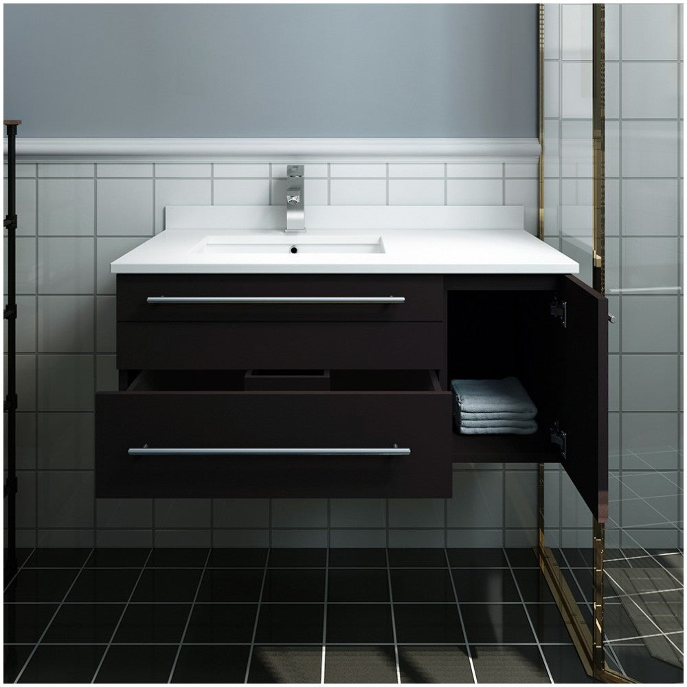 36 Espresso Wall Hung Bathroom Cabinet w/ Top & Undermount Sink - Left Version