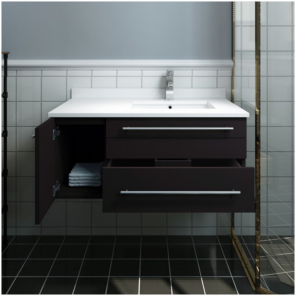36 Espresso Wall Hung Bathroom Cabinet w/ Top & Undermount Sink - Right Version