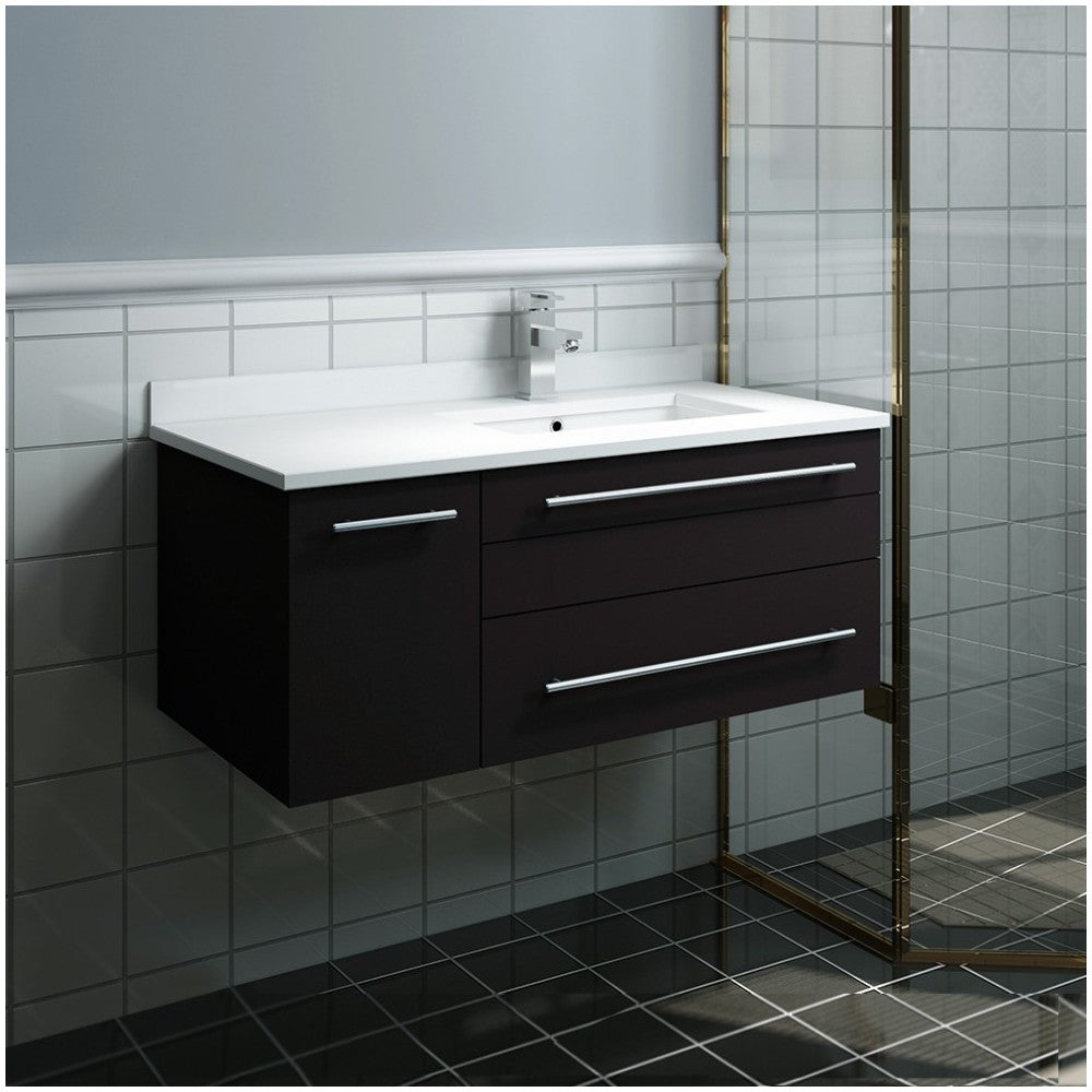 36 Espresso Wall Hung Bathroom Cabinet w/ Top & Undermount Sink - Right Version
