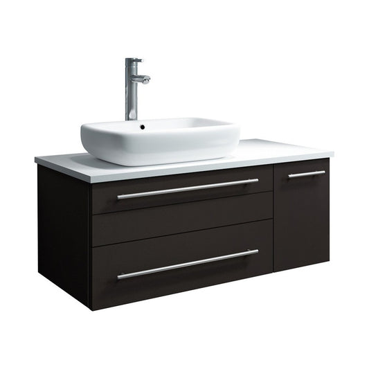 36 Espresso Wall Hung Bathroom Cabinet w/ Top & Vessel Sink - Left Version