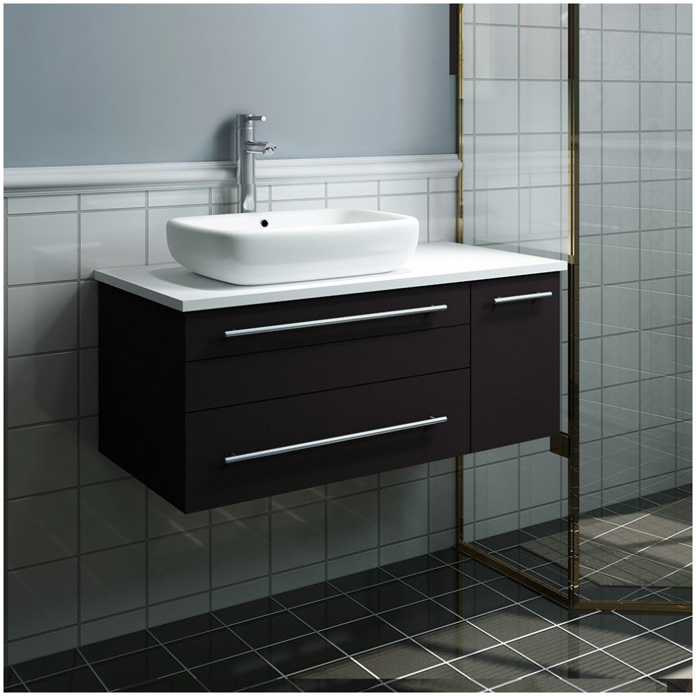 36 Espresso Wall Hung Bathroom Cabinet w/ Top & Vessel Sink - Left Version